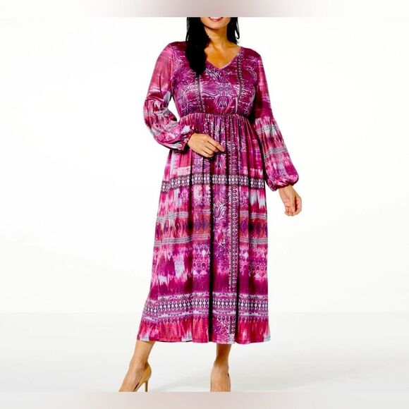 ONE WORLD Printed V-Neck Maxi Dress berry color L(P2P 22-25”) NWT - Picture 1 of 11